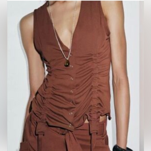 Zara Chocolate Sleeveless Ruched Blouse - Picture 2 of 5